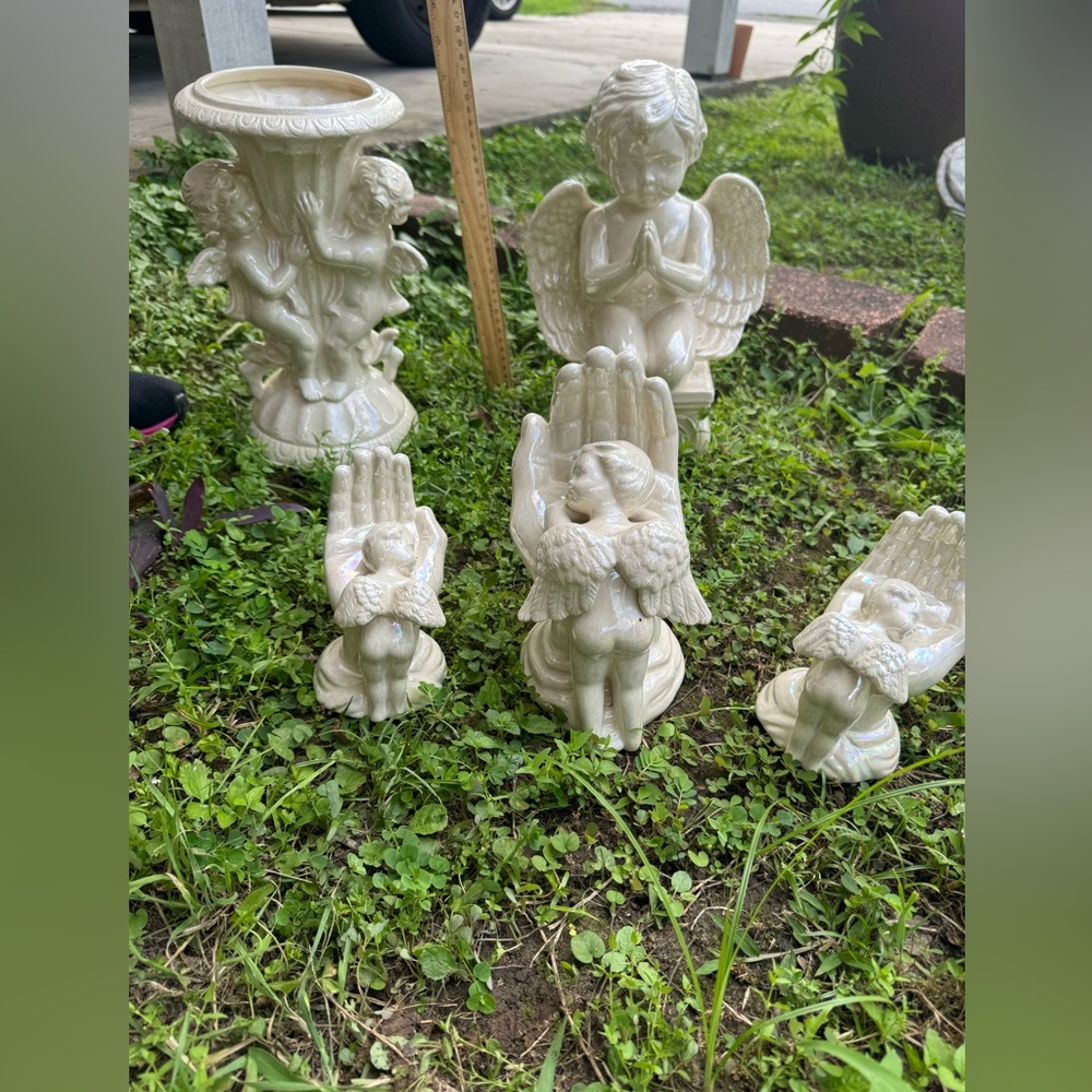 American Vintage Iridescent ceramic Praying Cherubs religious decor out/indoor